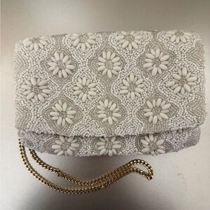 Beaded White and Cream Flap Gold Chain Crossbody